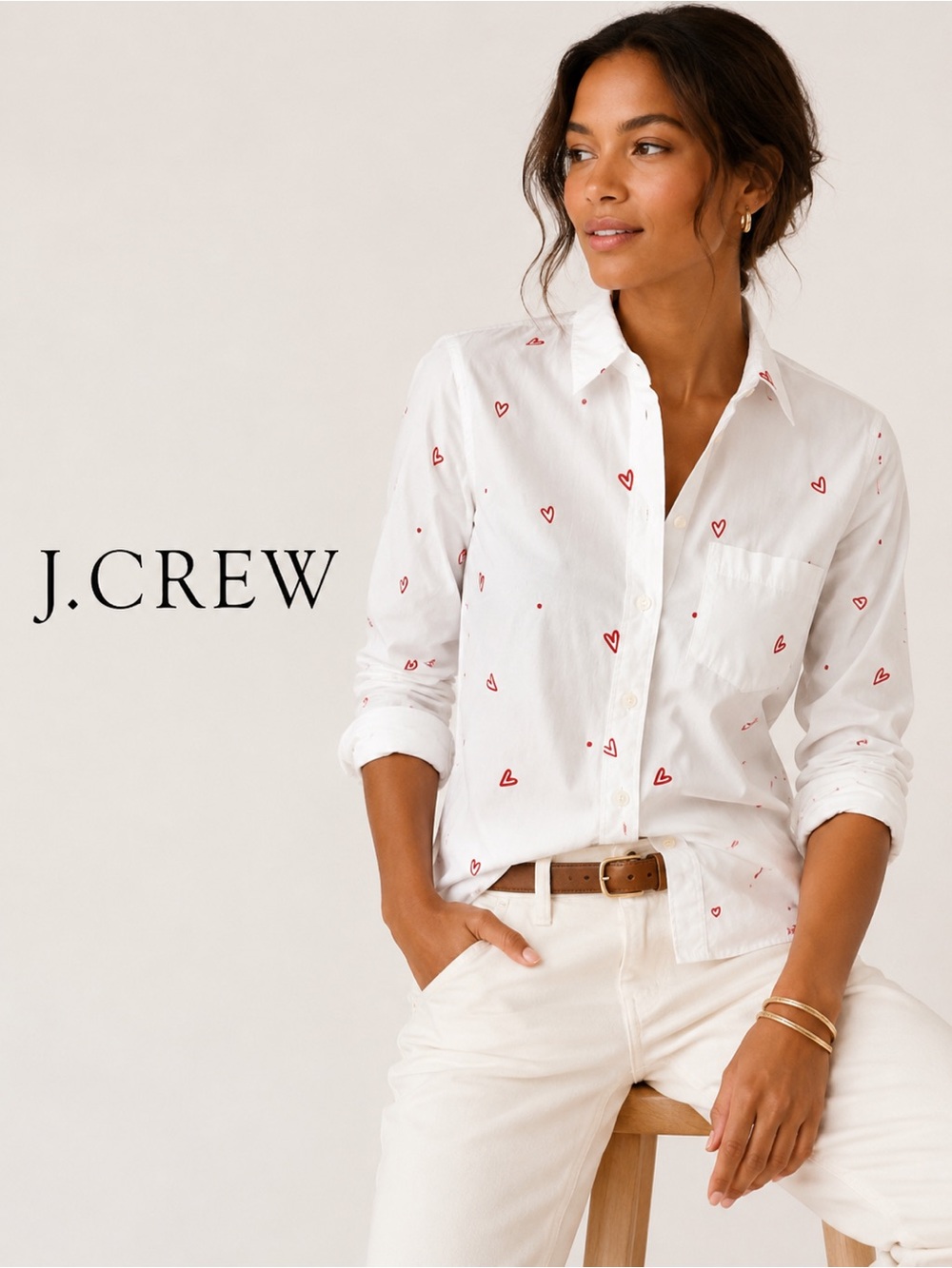 J. Crew White Shirt with Red Heart Embroidery